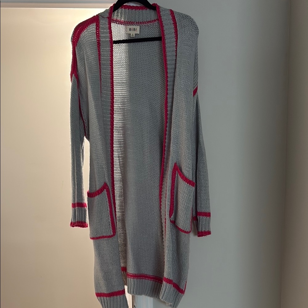 Gray and Pink Open Front Cardigan